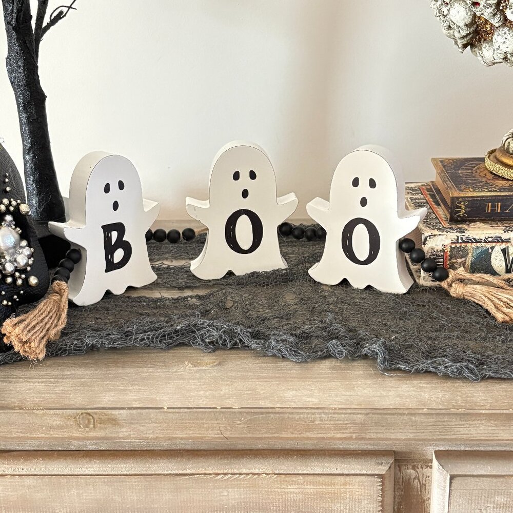 Halloween BOO Ghost Wooden Decor Tassel Tabletop